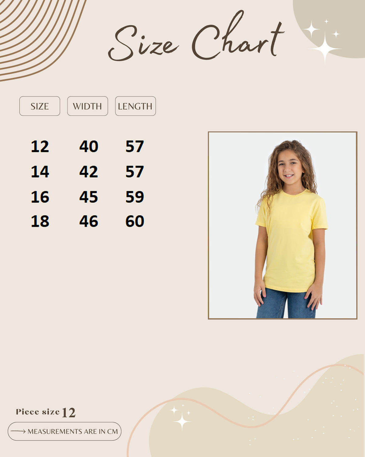 Size guide for Girls’ Basic Crew Neck T-Shirt