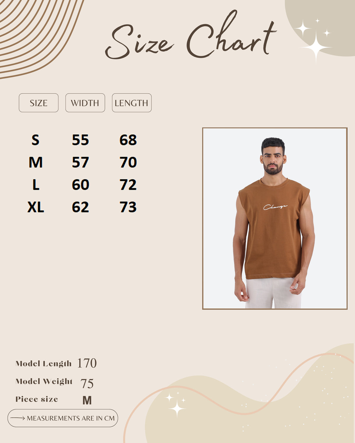 Size guide for Sleeveless T-Shirt